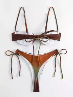 Fato de banho plissado com cordão feminino, biquínis arco, maiô sexy, banhista, conjunto de biquíni gradiente, moda verão, 2 peças - Wolf Magazine