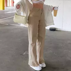 Jeans feminino de cintura alta e larga lavado com bolsos, calça casual e elegante, perna reta, monocromática, outono - comprar online