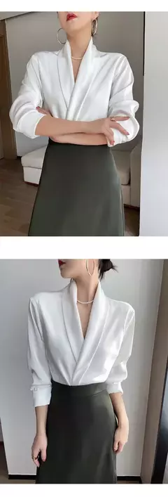 Blusa monocromática com decote em v feminina, manga comprida, tops irregulares, roupas de simplicidade e simplicidade, novo temperamento, outono na internet