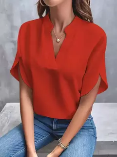 Blusa feminina elegante de manga curta com decote em v, camisa solta de cor sólida, tops brancos casuais, senhora do escritório, nova, verão - Wolf Magazine