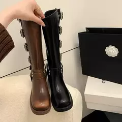 Botas de combate de plataforma para mulheres, salto Zip Chuny, fivela, moda vintage, casual, designer de luxo, Western Mid Calf Shoes na internet