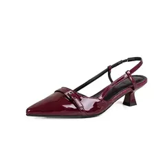 Sandálias de salto médio de couro envernizado pontiagudas para mulheres, salto magro retrô, sapatos vazios nas costas, vinho tinto francês, verão, novo, 2022 na internet