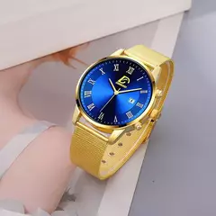 Homens de aço inoxidável malha cinto relógio de quartzo, calendário relógios, colar masculino, relógio de pulso, ouro, luxo, negócios, moda, 2pcs set na internet