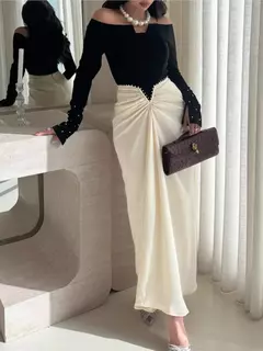 Temperamento vestido vestidos 2025 mulher vestido banquete contraste pérola retalhos pacote hip manga longa magro uma linha pescoço elegante