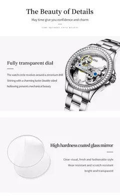 Imagem do OLEVS Relógio Mecânico Automático para Mulheres, Relógio Transparente, Big Dial Design, Bracelet Set, Presente de Luxo, 40mm, 6699