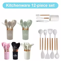 Conjunto De Utensílio De Cozinha Resistente Ao Calor, Kit De Ferramentas De Cozinha, Cabo De Madeira, Panelas, Espátula, Colher, Escova, Batedor, Suprimentos, 12Pcs