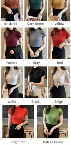 Camiseta feminina de malha meia gola alta, elegante monocromática, manga curta, pulôver casual versátil, tops magros, verão, nova - comprar online