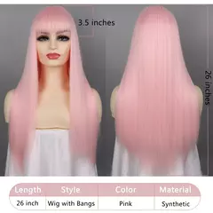 Peruca sintética rosa natural franja macio longo cabelo reto moda senhoras cosplay festa uso diário capa de cabeça cheia - Wolf Magazine