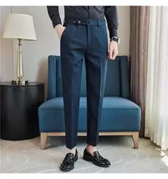 Calça formal masculina estilo britânico, monocromática, fina, casual, de negócios, escritório, social, calça de tornozelo, streetwear, alta qualidade