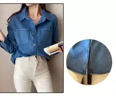 Camisa jeans azul retrô feminina, camisa de manga comprida, jaqueta jeans de peito único, camisas monocromáticas, novo design, outono, 2024 na internet