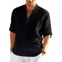 Camiseta de linho manga comprida masculina, monocromática, solta, casual, respirável, camisas de algodão, streetwear leve, designer, nova
