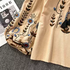Blusa Bordada Manga Lanterna Longa com Decote V para Mulheres, Moda Casual, Camisas Vintage, Tops Femininos Minoritários, Drop Shipping, Outono na internet