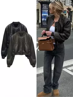 Jaqueta de couro PU feminina, casaco PU, mangas compridas, jaqueta solta, couro gradiente, gola redonda, zíper, locomotiva, curta, lavada - loja online