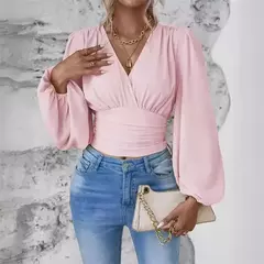 Imagem do Pulôver feminino com decote V profundo, blusa feminina de manga comprida, tops casuais diários, cintura solta e magro, crossover, primavera, outono