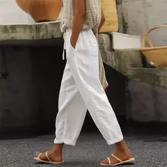 Calças femininas de linho de algodão, calça com cordão simples para senhoras, monocromático, elástico na cintura, casual e fina, bolsos, verão na internet