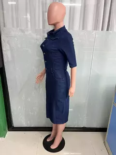 Vestido feminino de comprimento médio com botões elásticos, saia jeans, saia de quadril, manga curta, tendência, outono - loja online