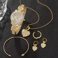 Mulheres Relógio de pulso strass e conjunto de joias, Relógio Quartzo, Dourado, Luxo, Anel, Colar, Brinco, Casual, senhoras, Fashion na internet