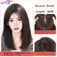 Imagem do Xiyue sintético longo em camadas peruca de cabelo clipe em extensões de cabelo natural fofo cabeça superior falso pedaço de cabelo com bang clip