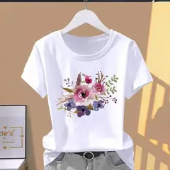 Camiseta modal de manga curta feminina, estampa gráfica, floral, moda casual, roupas explosivas, camiseta extragrande - comprar online