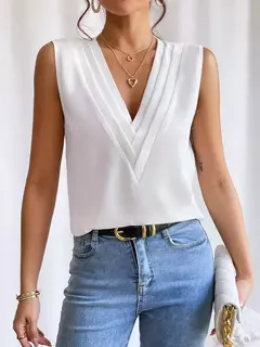 Imagem do Moda feminina verão novo multi-nível com decote em v cor sólida regata camisa elegante feminino branco sem mangas blusa casual