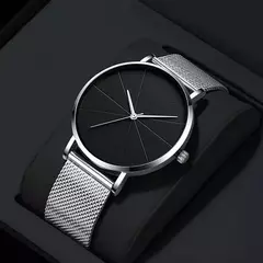 Homens de aço inoxidável quartzo relógio de pulso, prata pulseira relógios, malha cinto, calendário, negócio, luxo, moda na internet