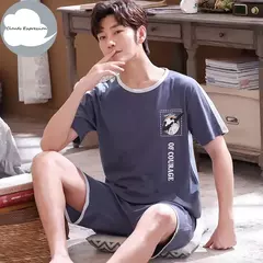 Conjunto pijama masculino de malha de algodão, conjunto de pijamas manga curta, terno letra, Homewear masculino, tamanho XL a XXL, verão - loja online