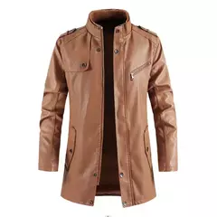 Imagem do Inverno casaco de lã grossa casaco de couro longo outwear moda quente casual vintage roupas para homem steampunk biker jaqueta