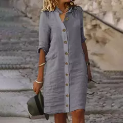 Saia Midi de Algodão Elegante Feminino, Vestido Casual, Manga Curta, Comprimento Médio, Decote V, Lady Robe, Vestidos de Verão, S-XL, 2022