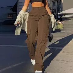 Calça de perna larga feminina, bolso com aba de rua, detalhes da fivela lateral, calças paraquedas hip hop, moda Y2K - loja online
