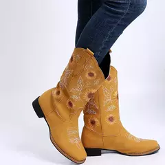 Mulher flor bordado sapatos deslizamento-on botas de equitação senhora salto quadrado meados de bezerro bota feminina inverno fino sapato de pelúcia zapatos de mujer - loja online