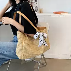 Bolsa de tecido palha casual feminina, cachecol de seda, laço, bolsa de praia, grande capacidade, portátil, sacola para senhora, nova, 1 ombro, verão na internet