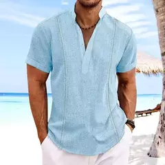 Pulôver de algodão de linho masculino, lapela, manga curta, colarinho Henry, guayabela sólida, alta qualidade, blusa casual de moda verão - comprar online