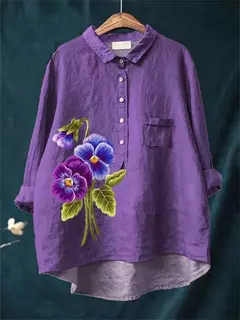 Sardinha de peixe retrô casual feminina arte camisa de bolso manga longa, camisas estampadas estilo havaiano, tops com gola v, verão - loja online