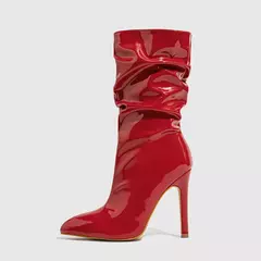 Botas femininas de couro envernizado plissado, dedo apontado feminino, cavaleiro com zíper, salto alto curto para passarela, inverno, 2022