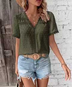 Imagem do Benuynffy-Blusa de renda com decote em v feminina, ponto suíço, tops sólidos, manga curta, boho, doce, casual, moda feminina, verão, novo, 2024