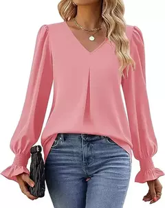 Nova camisa feminina de chiffon de cor sólida com decote em v pulôver queimado manga comprida camisa superior senhora do escritório elegante cáqui blusas soltas - loja online