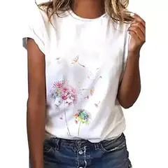 Camiseta explosiva estampada em girassol 3D para mulheres, gola redonda, fosca, flor, moda, novo produto, 2024