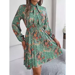 Imagem do Vestido de Natal para as mulheres, manga longa, solto, elástico, estampa de flores, plissado, gola redonda, mini, novo, outono, 2022