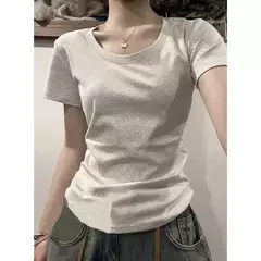 Camiseta casual de manga curta feminina, 100% algodão puro, elástica, slim fit, gola redonda, camisa inferior, moda verão na internet