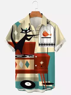 Imagem do Camisa havaiana dos desenhos animados de anime masculino, Tops de manga curta, roupas casuais masculinas, rua, animais, gatos, retrô, 3D Tees, verão