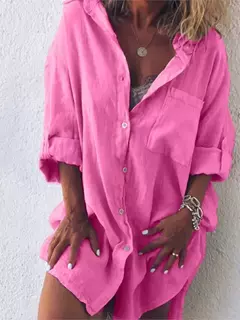 Bolso de linho algodão feminino, botão de praia, manga comprida, confortável, plus size, casual, roupa de verão, nova moda