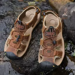 Imagem do Sapatos masculinos casuais de couro genuíno, sandálias masculinas ao ar livre, sapatos romanos de praia, plus size 38-48, verão
