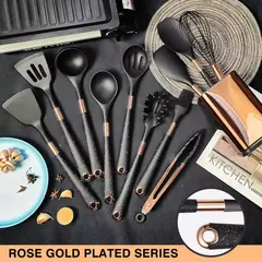 Conjunto De Utensílios De Cozinha De Silicone Resistente Ao Calor, Espátula, Colher, Ferramentas Antiaderentes, Alça Banhada A Ouro Rosa, Suporte, Presente De Cozinha - Wolf Magazine