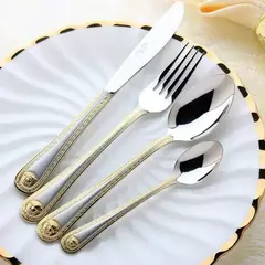 Vintage ocidental banhado a ouro louça, jantar garfo e faca Set, talheres de ouro Set, aço inoxidável, talheres gravura