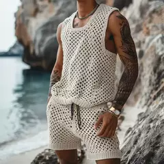 Conjunto masculino casual de duas peças de malha, tops soltos e shorts sólidos, terno esportivo de praia, streetwear oco, moda, verão, 2024 - comprar online