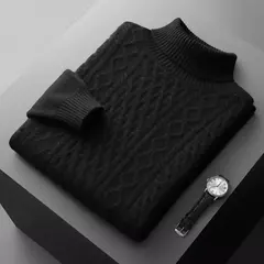 Pulôver Jacquard de cadeia dupla para homens, suéter de gola alta, camisa de fundo de malha 100% lã merino nova, outono e inverno