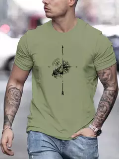 Camiseta casual de manga curta masculina 100% algodão, estampada com bússola de montanha, gola redonda, blusa solta, verão - Wolf Magazine