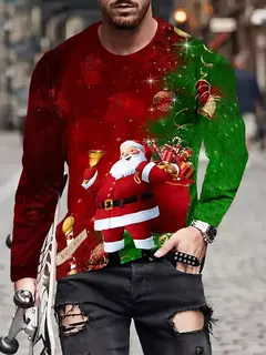 Feliz Natal camiseta de manga longa masculina, estampa 3D, padrão engraçado de Papai Noel, tamanho grande, tops, roupas - comprar online