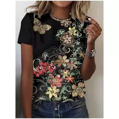 Camiseta Padrão de Flores Borboleta Feminina, Camiseta Impressa 3D Inseto, Camiseta da Moda Verão, Tops Curtos com Decote O, Streetwear - comprar online