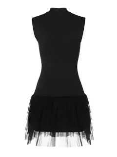 Mini vestido feminino de retalhos de malha preta sem mangas, vestidos de baile, bodycon sexy, slim festa streetwear, verão, 2024 - loja online